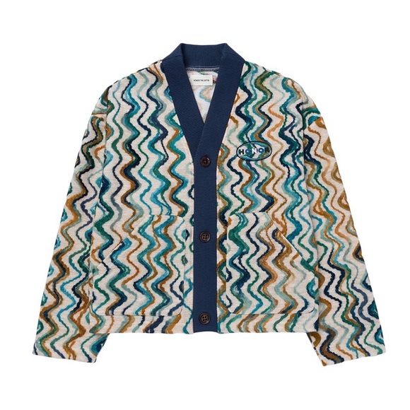 Men’s NWT HONOR THE GIFT Muse Multi-colored Wave Knit Crop Cardigan, Size Large - Picture 6 of 9